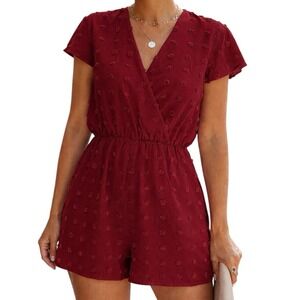 BAEVELY Burgundy Swiss Dot Romper Short Sleeve Elastic Waist sz M Pockets Lined